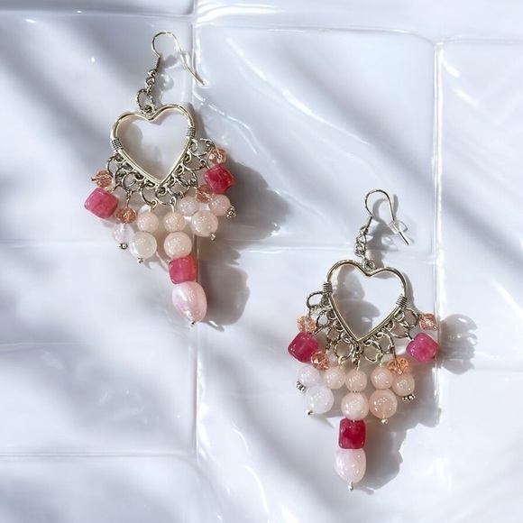 Rose Quartz and Crystals Heart Shaped Silver Toned Chandelier Earrings - Picture 15 of 17